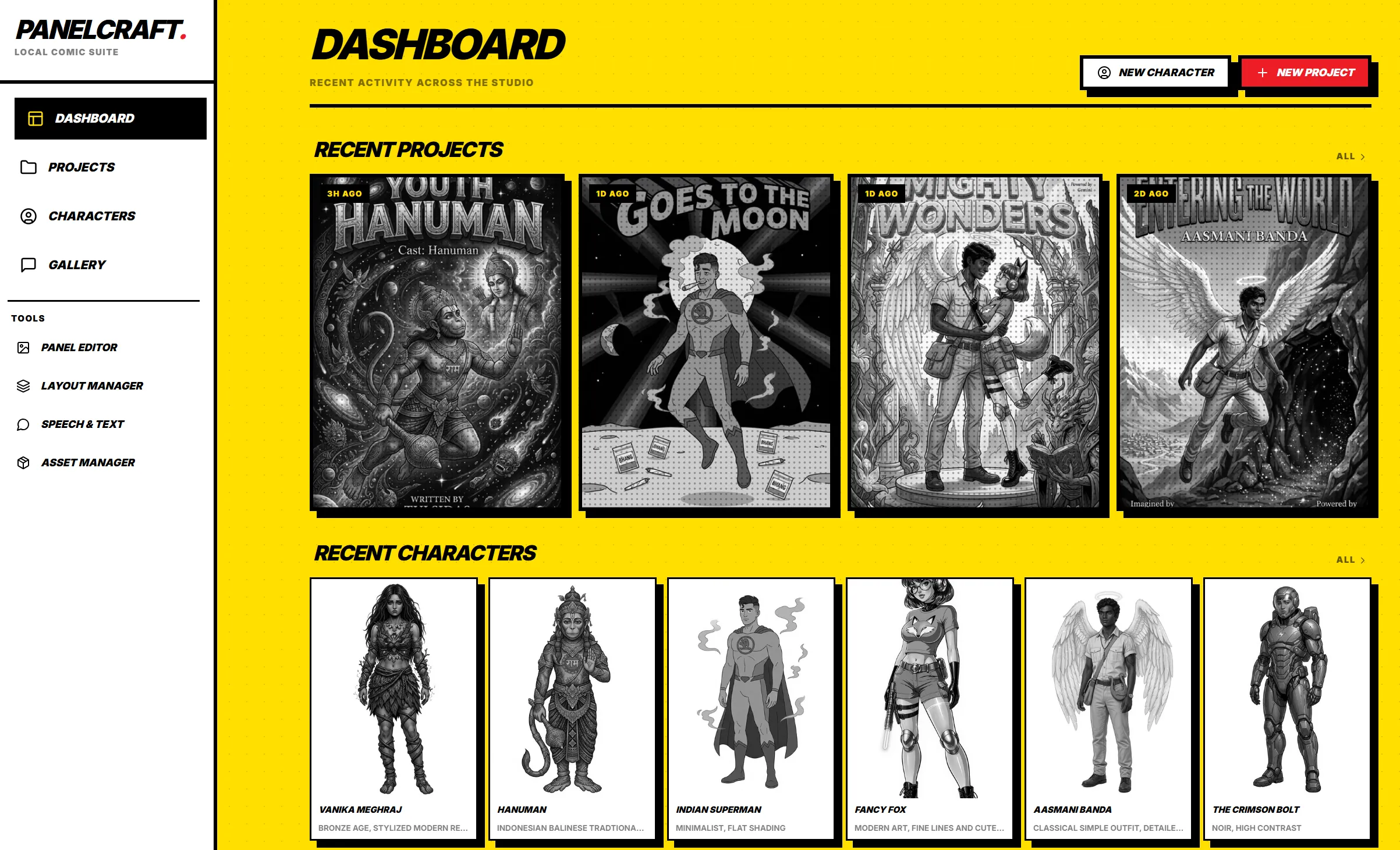 PanelCrafter dashboard with projects and covers